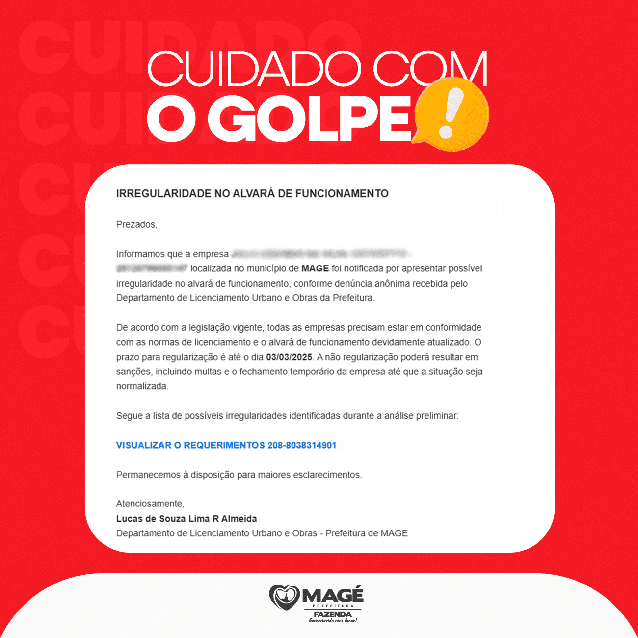 CUIDADO COM O GOLPE! FRAUDADORES ESTÃO USANDO O NOME DA PREFEITURA PARA ENGANAR EMPRESÁRIOS