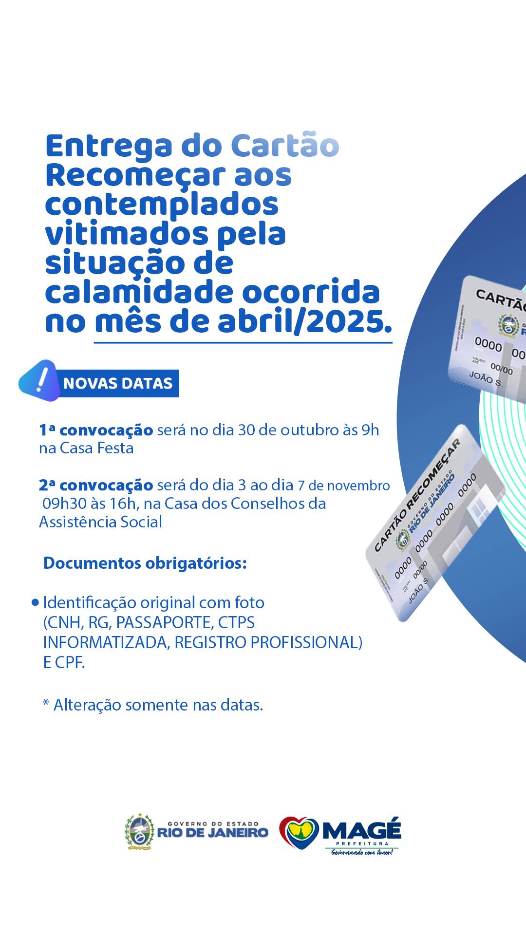 CARTÃO RECOMEÇAR: CONFIRA AS DATAS PARA AS ENTREGAS DE DOCUMENTAÇÃO