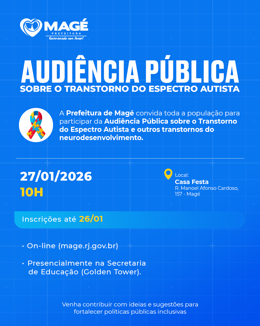 Prefeitura de Magé convoca Audiência Pública sobre atendimento a pessoas com TEA e outros transtornos do neurodesenvolvimento